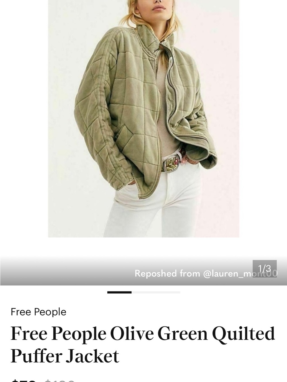 Free People Quilted Olive Green Puffer Jacket